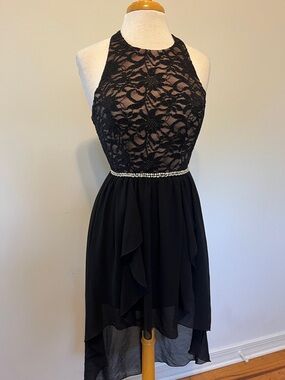 CITY STUDIO Cocktail Dress Black High low Prom Black Nude underlay Size 3 Sexy